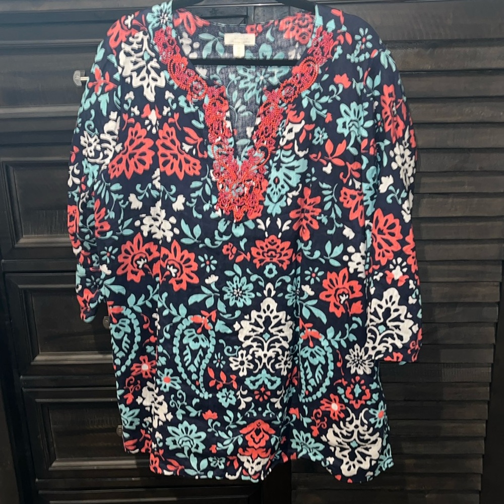 Embellished linen tunic with beading